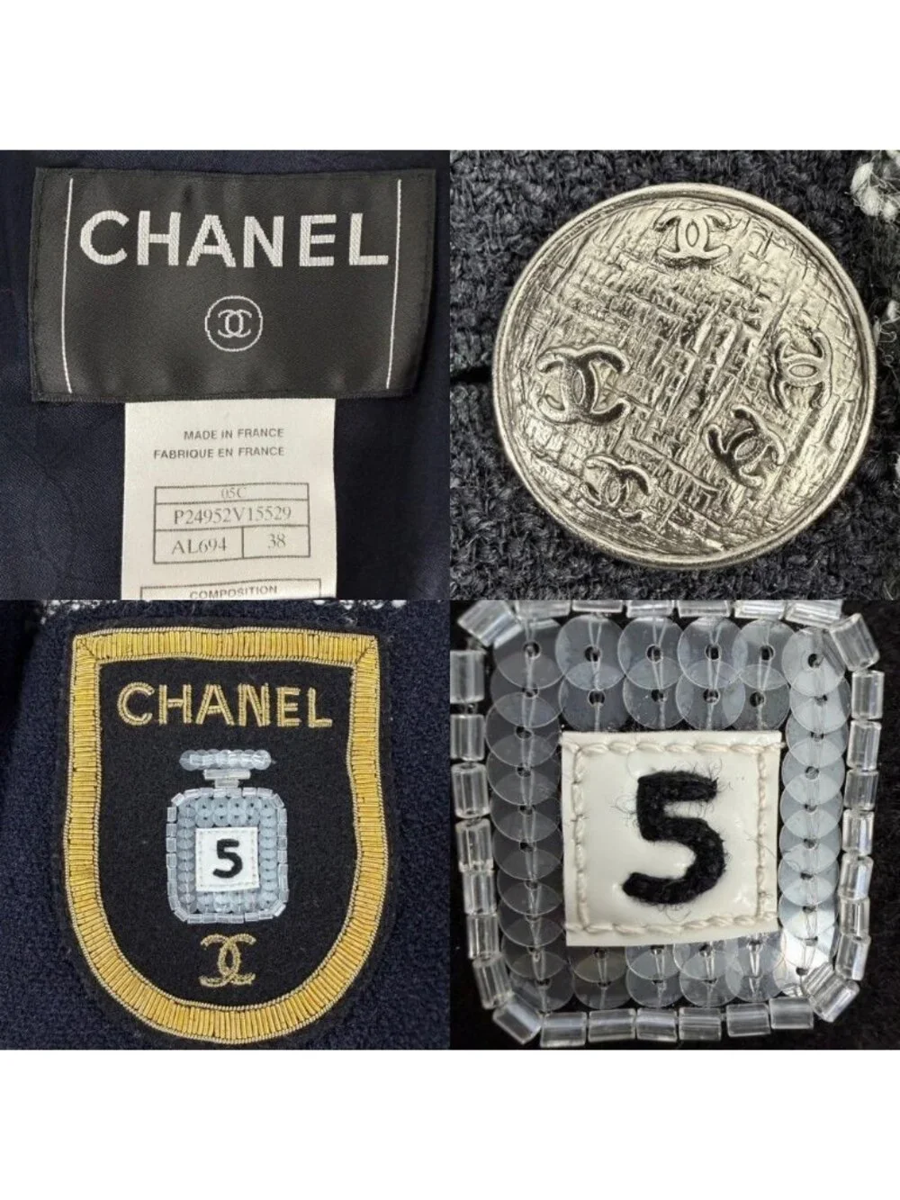Chanel Tailored Jacket CC Logo Emblem 38 Navy Wool Cotton Spring Autumn